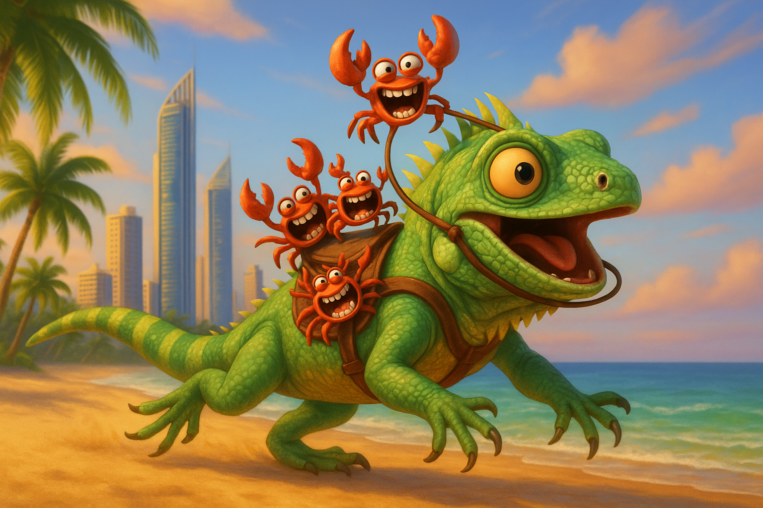 Tiny Crabs Riding Enormous Iguana